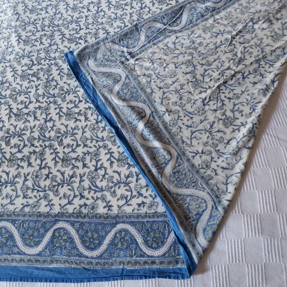Vintage India Arts Cotton Tablecloth 67x73 Blue White Floral Powerloom India